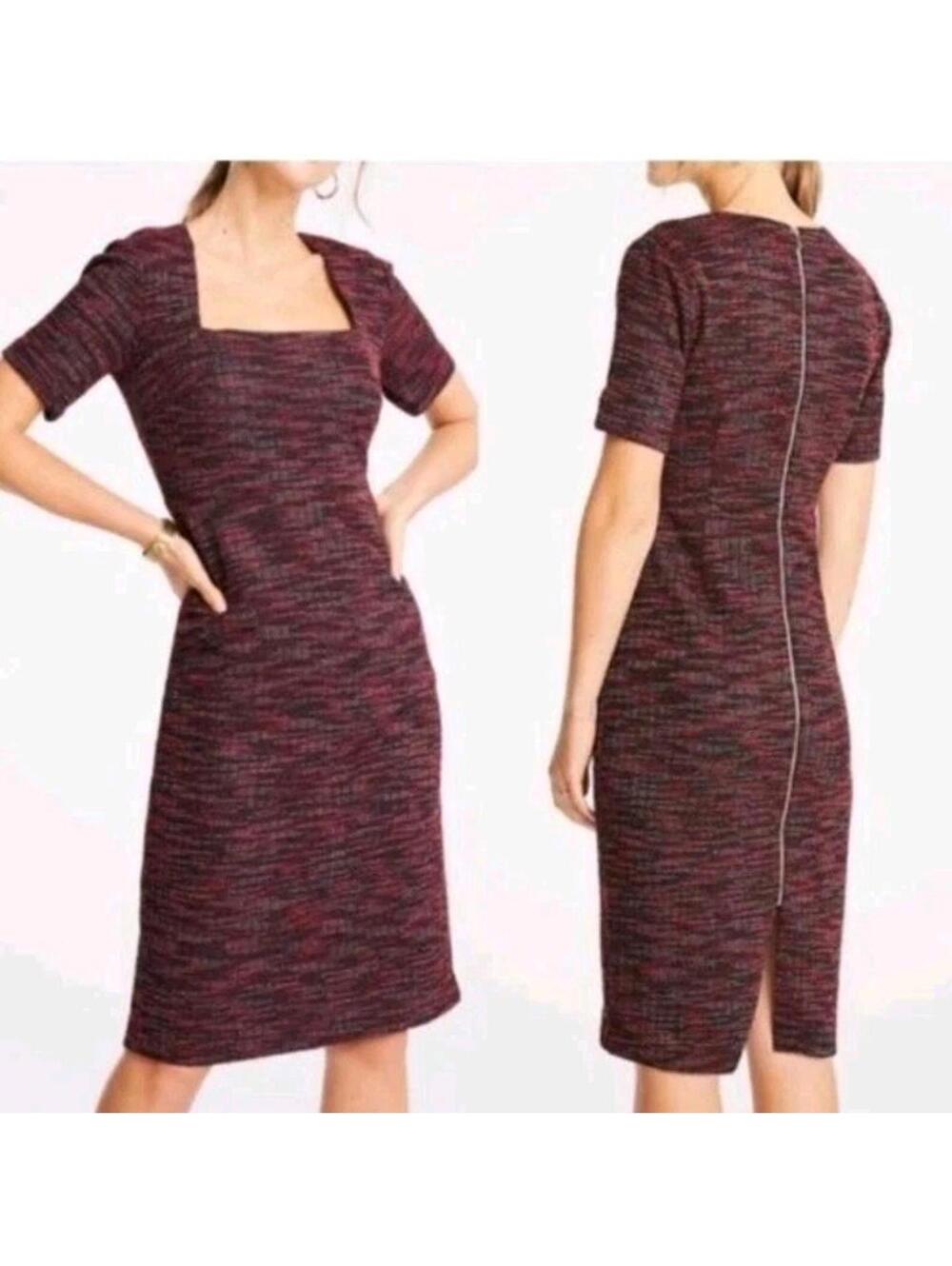 Ann Taylor Tweed Square Neck Sheath Dress in a red multi-color tweed knit.